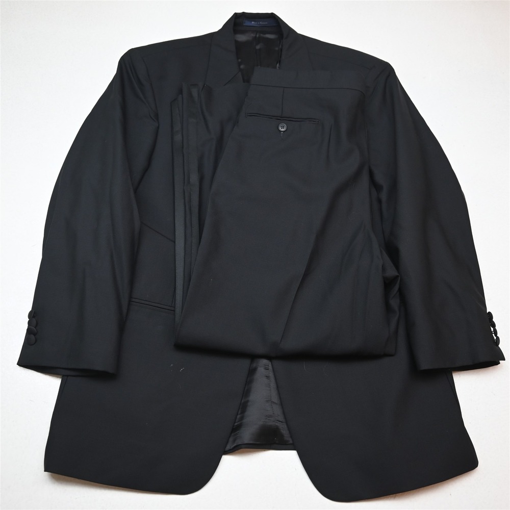Vtg Y2K 2000s Boxy 42R 36x29 Black 100% Wool Mens Jacket Pants Tuxedo